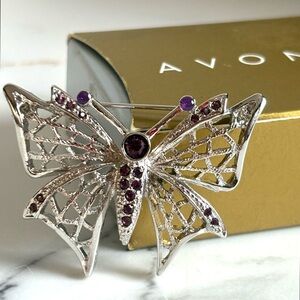 Vintage Avon Silver Filigree Butterfly Brooch Purple Rhinestones Openwork 2”